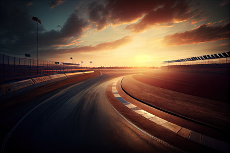 race track, with view of sunset over the horizon, providing a peaceful and serene setting, created with generative aiの素材