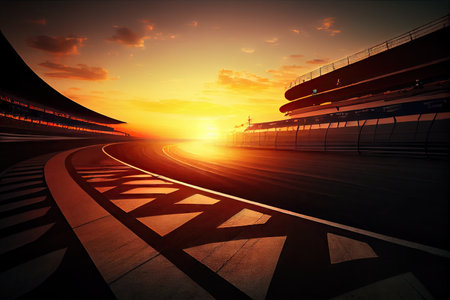 race track, with view of sunrise in the background, during a morning race, created with generative aiの素材