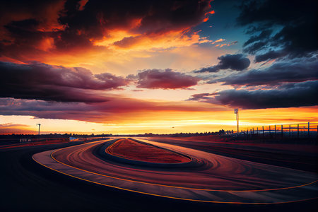 race track at sunset, with the sky and clouds changing colors, created with generative aiの素材