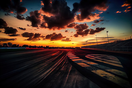 race track at sunset, with the sky and clouds changing colors, created with generative aiの素材