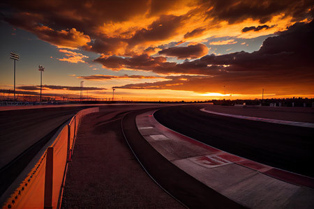 race track at sunset, with the sky and clouds changing colors, created with generative aiの素材
