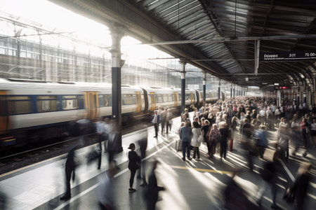 a view of a busy train station, with people rushing to catch the next train, created with generative aiの素材