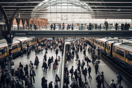a view of a busy train station, with people rushing to catch the next train, created with generative aiの素材