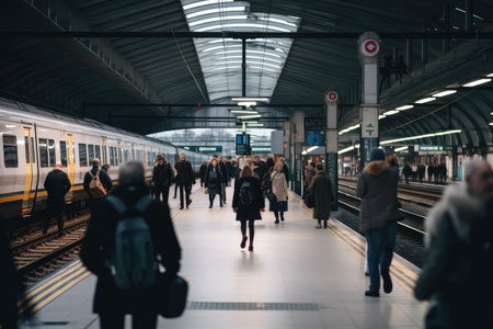 person, walking through the busy station, with view of trains and people, created with generative aiの素材