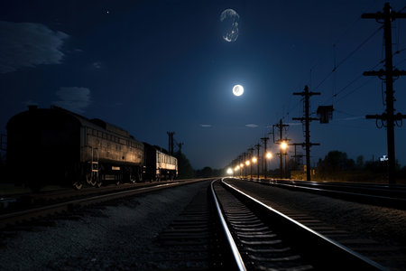 nighttime view of railway tracks and lanterns, with the moon shining above, created with generative aiの素材