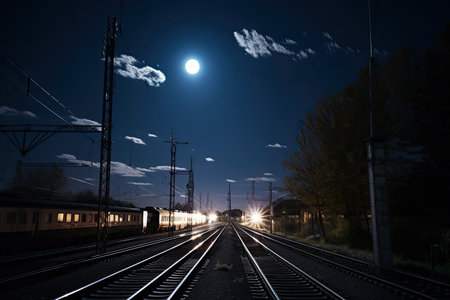 nighttime view of railway tracks and lanterns, with the moon shining above, created with generative aiの素材