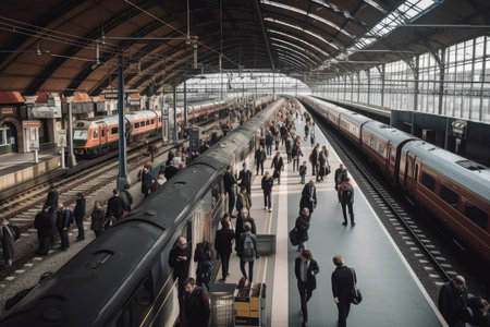 railway station, with passengers boarding trains and departing on journeys, created with generative aiの素材