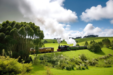 steam train chugging through lush green landscape, with clouds in the sky, created with generative aiの素材