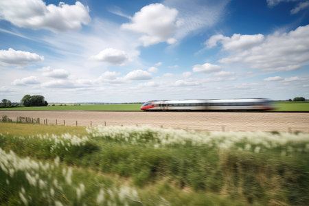 train speeding past rural landscape, with fields and sky in the background, created with generative aiの素材