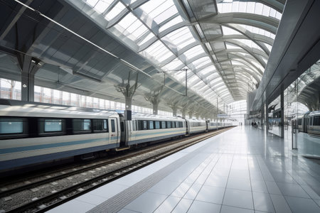 modernized railway station, with sleek and stylish design elements, including glass walls and metal accents, created with generative aiの素材