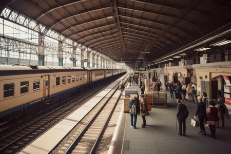 railway station, with people coming and going, and train waiting at platform, created with generative aiの素材