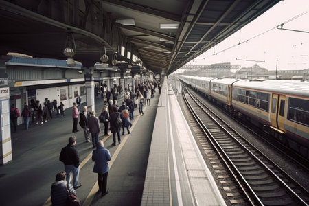railway station, with people coming and going, and train waiting at platform, created with generative aiの素材