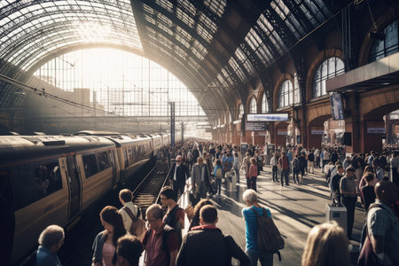 railway station, with train and passengers boarding, in bustling city, created with generative aiの素材