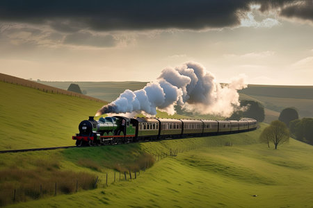 classic steam train chugging through the countryside, with rolling hills and pastel skies, created with generative aiの素材