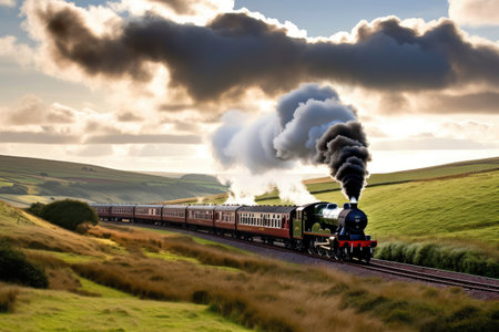 classic steam train chugging through the countryside, with rolling hills and pastel skies, created with generative aiの素材