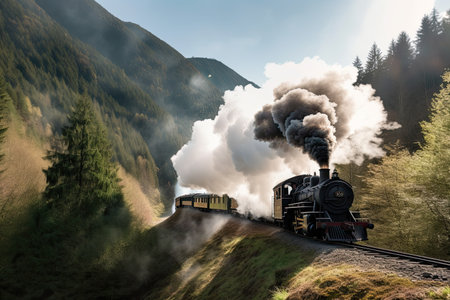 vintage steam train, with smoke and steam billowing from the engine, on scenic mountain vista, created with generative aiの素材
