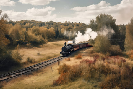 retro train ride through a vintage landscape, with steam engine and wooden wagons, created with generative aiの素材