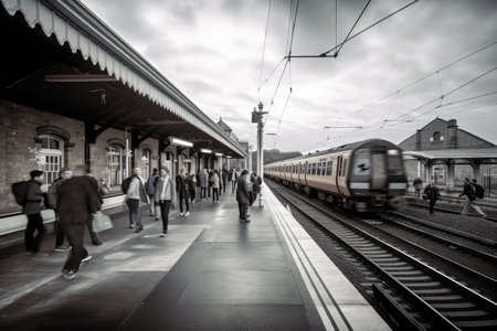 station, with trains arriving and departing in hurry, and passengers running to catch their train, created with generative aiの素材