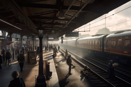 station, with trains arriving and departing in hurry, and passengers running to catch their train, created with generative aiの素材