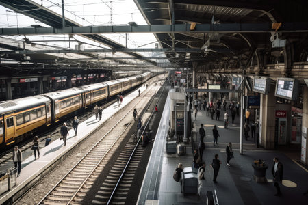 station, with trains arriving and departing in hurry, and passengers running to catch their train, created with generative aiの素材