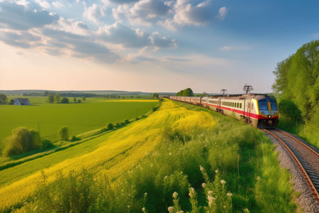 passenger train, with view of picturesque countryside and farms, traveling through rural landscape, created with generative aiの素材
