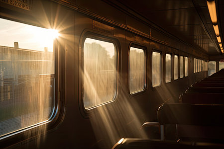trains roll past sunflare, with rays of sunlight shining through the window, created with generative aiの素材