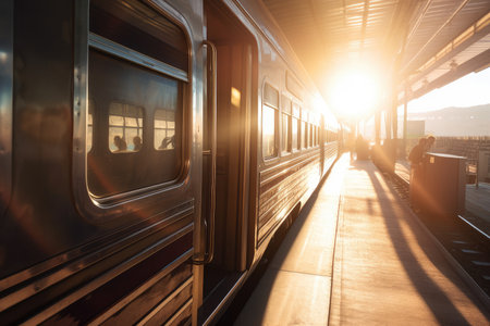 trains roll past sunflare, with rays of sunlight shining through the window, created with generative aiの素材