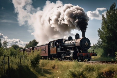 old steam locomotive, with smoke drifting from its chimney, created with generative aiの素材