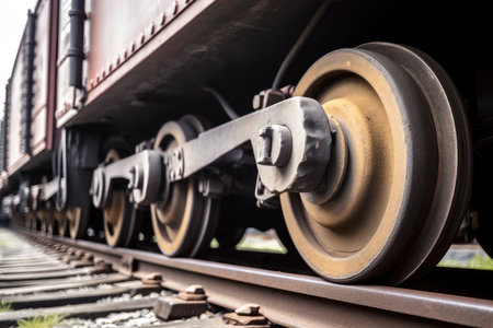 close-up of train wheels rolling along the tracks, created with generative aiの素材