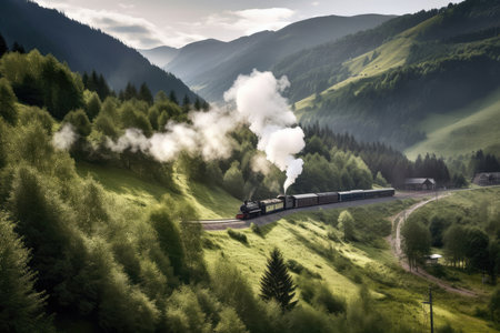 steam train chugging through scenic mountainous landscape, created with generative aiの素材