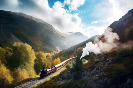 steam train chugging through scenic mountainous landscape, created with generative aiの素材