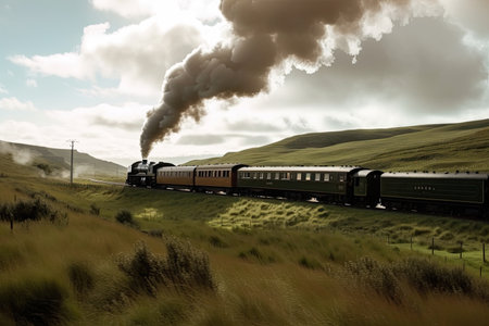 stylish and sleek train, through the landscape with a cloud of steam, created with generative aiの素材