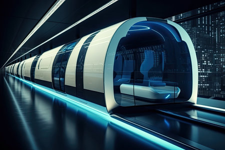modern train, with sleek exterior and high-tech interior, traveling through futuristic cityscape, created with generative aiの素材