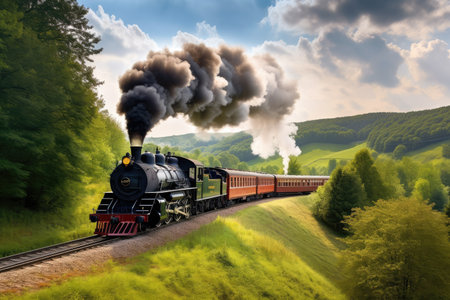 vintage steam locomotive chugging through scenic countryside, with rolling hills and trees in the background, created with generative aiの素材