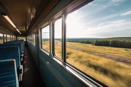 passenger train, with view of the endless horizon and peaceful scenery, created with generative aiの素材