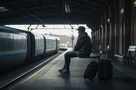 person, waiting at the train station for their friend or loved one to arrive, created with generative aiの素材