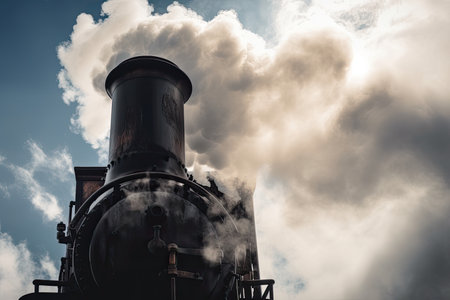 close-up of steam engine with clouds of smoke billowing from its chimney, created with generative aiの素材