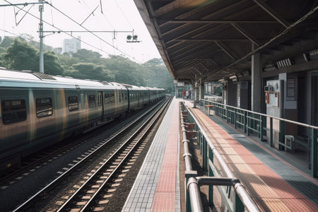 a station platform, with a train waiting to depart, created with generative aiの素材