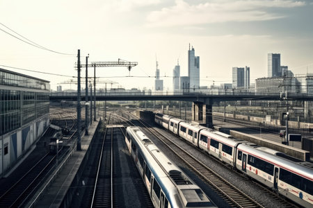 railway platform with view of busy cityscape, with passing trains and traffic in the background, created with generative aiの素材