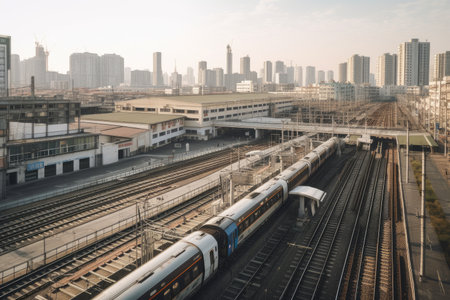 railway platform with view of busy cityscape, with passing trains and traffic in the background, created with generative aiの素材