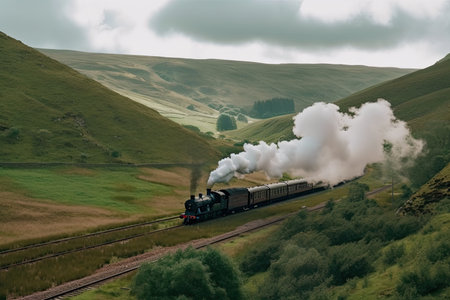 a historic steam train chugging through a picturesque landscape, created with generative aiの素材