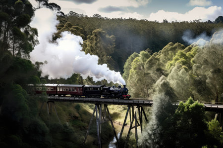 a historic steam train chugging through a picturesque landscape, created with generative aiの素材