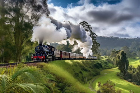 a historic steam train chugging through a picturesque landscape, created with generative aiの素材