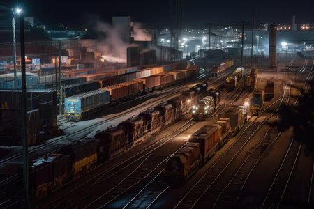 nighttime view of railway yard, with train engines and cars illuminated by bright lights, created with generative aiの素材
