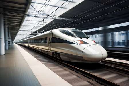 modern and sleek high-speed train speeding along the tracks, created with generative aiの素材