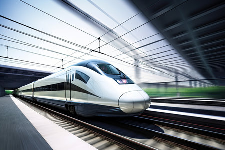 modern and sleek high-speed train speeding along the tracks, created with generative aiの素材
