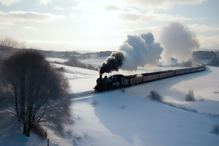 steam train making its way through snowy landscape, with the smoke rising from the chimney, created with generative aiの素材