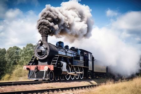 vintage steam locomotive chugging along the track, with billowing smoke and whistles, created with generative aiの素材
