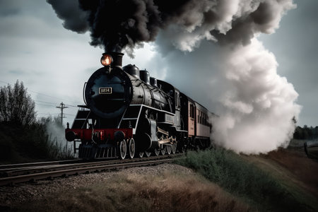 vintage steam locomotive chugging along the track, with billowing smoke and whistles, created with generative aiの素材