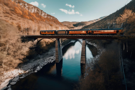 train crossing a bridge over a scenic river, created with generative aiの素材
